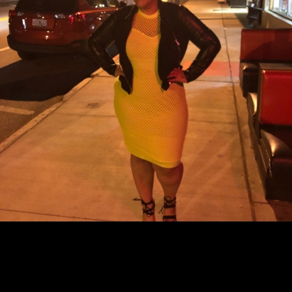 Neon highlighter yellow fishnet dress